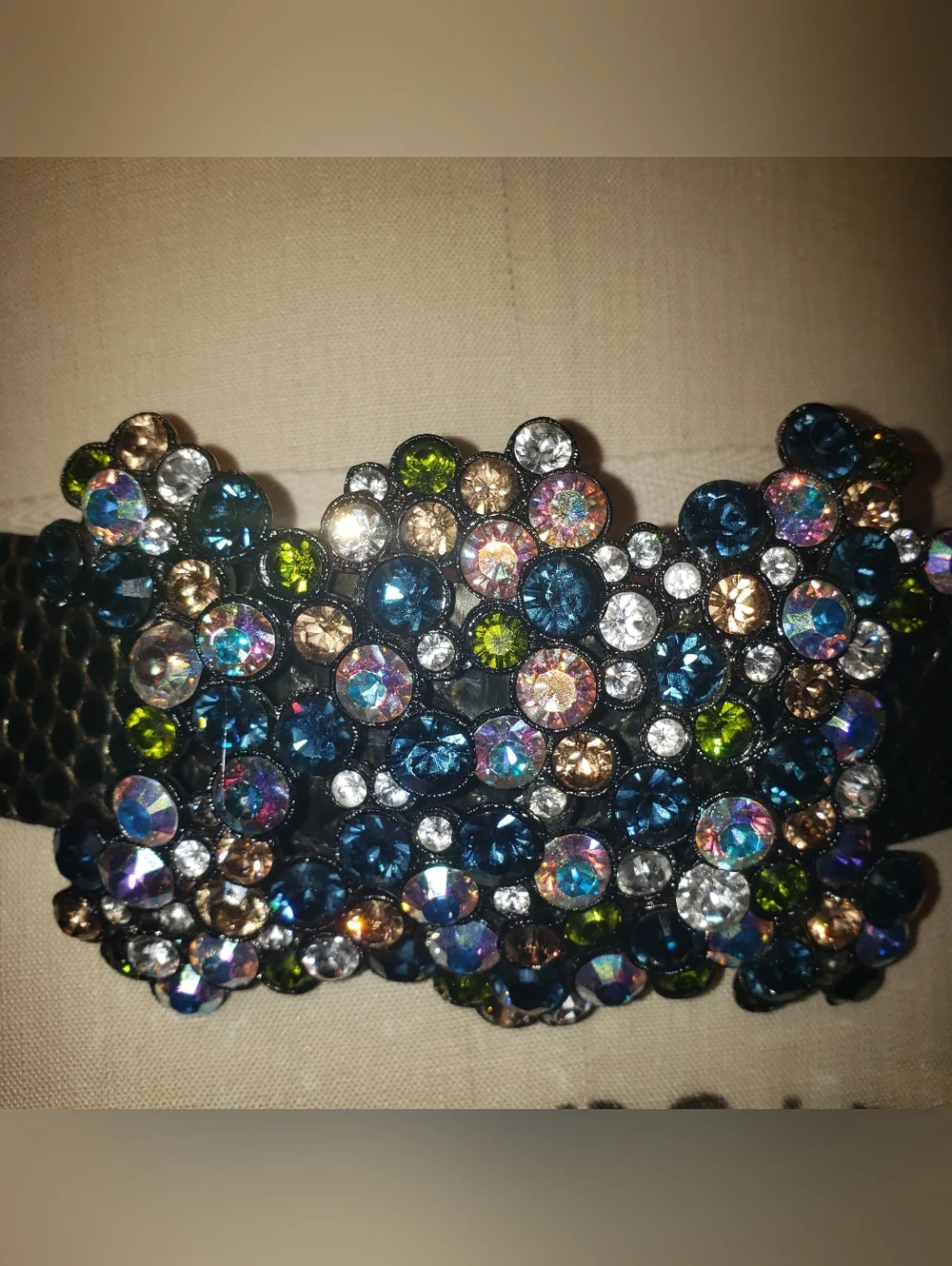 PreOwned Super Rare Huge Swarovski Crystal Buckle Metallic Green Python Belt